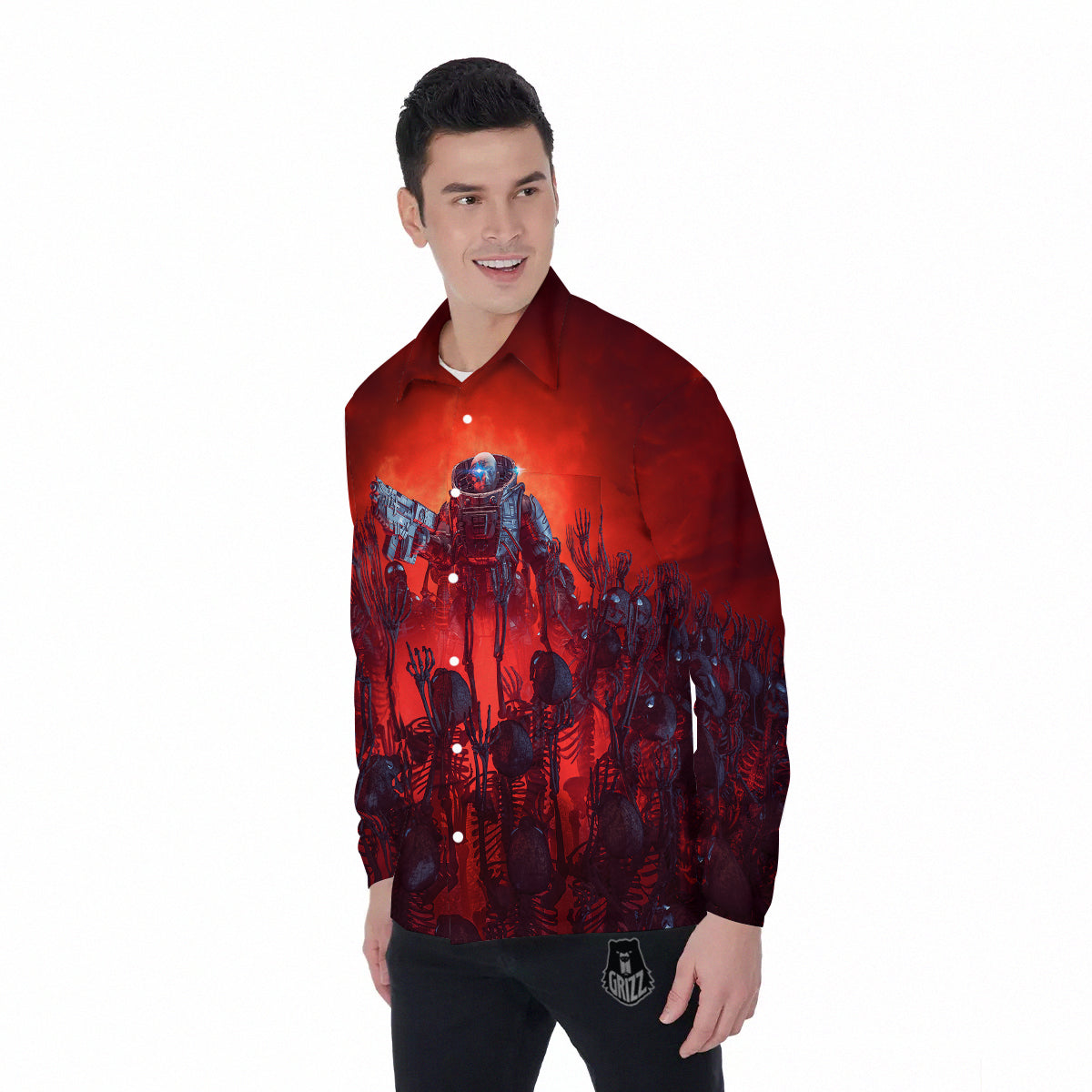 Red Robot And Skeleton Troop Print Men's Long Sleeve Shirts-grizzshop