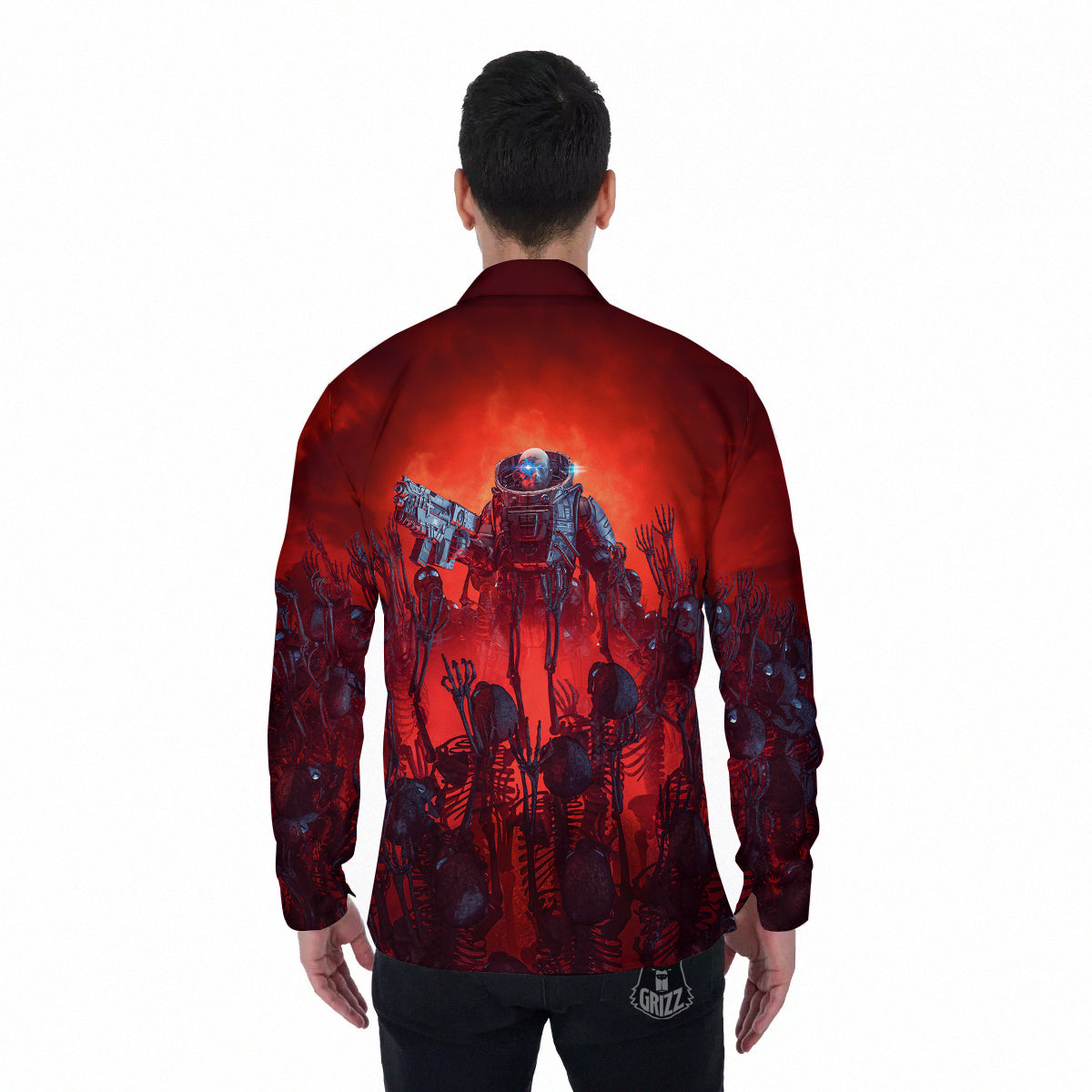 Red Robot And Skeleton Troop Print Men's Long Sleeve Shirts-grizzshop