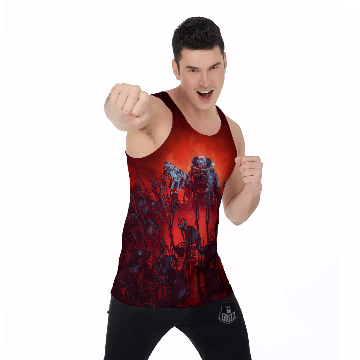 Red Robot And Skeleton Troop Print Men's Tank Top-grizzshop