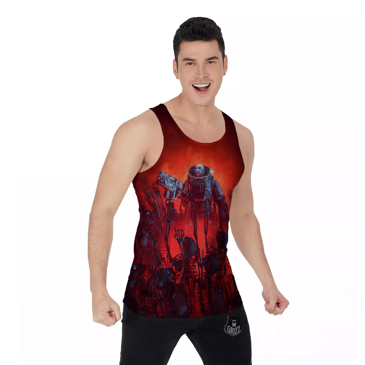 Red Robot And Skeleton Troop Print Men's Tank Top-grizzshop