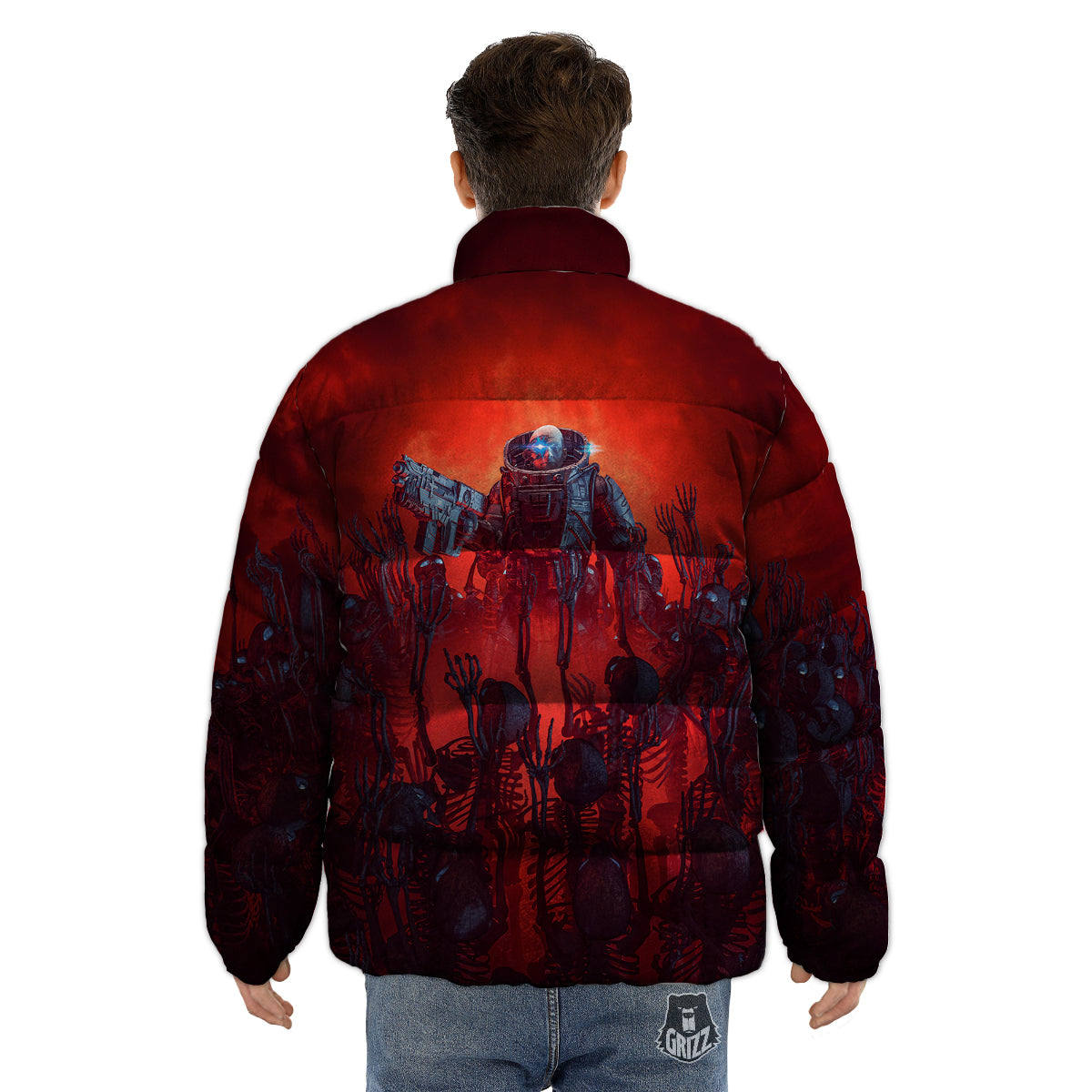 Red Robot And Skeleton Troop Print Puffer Jacket-grizzshop
