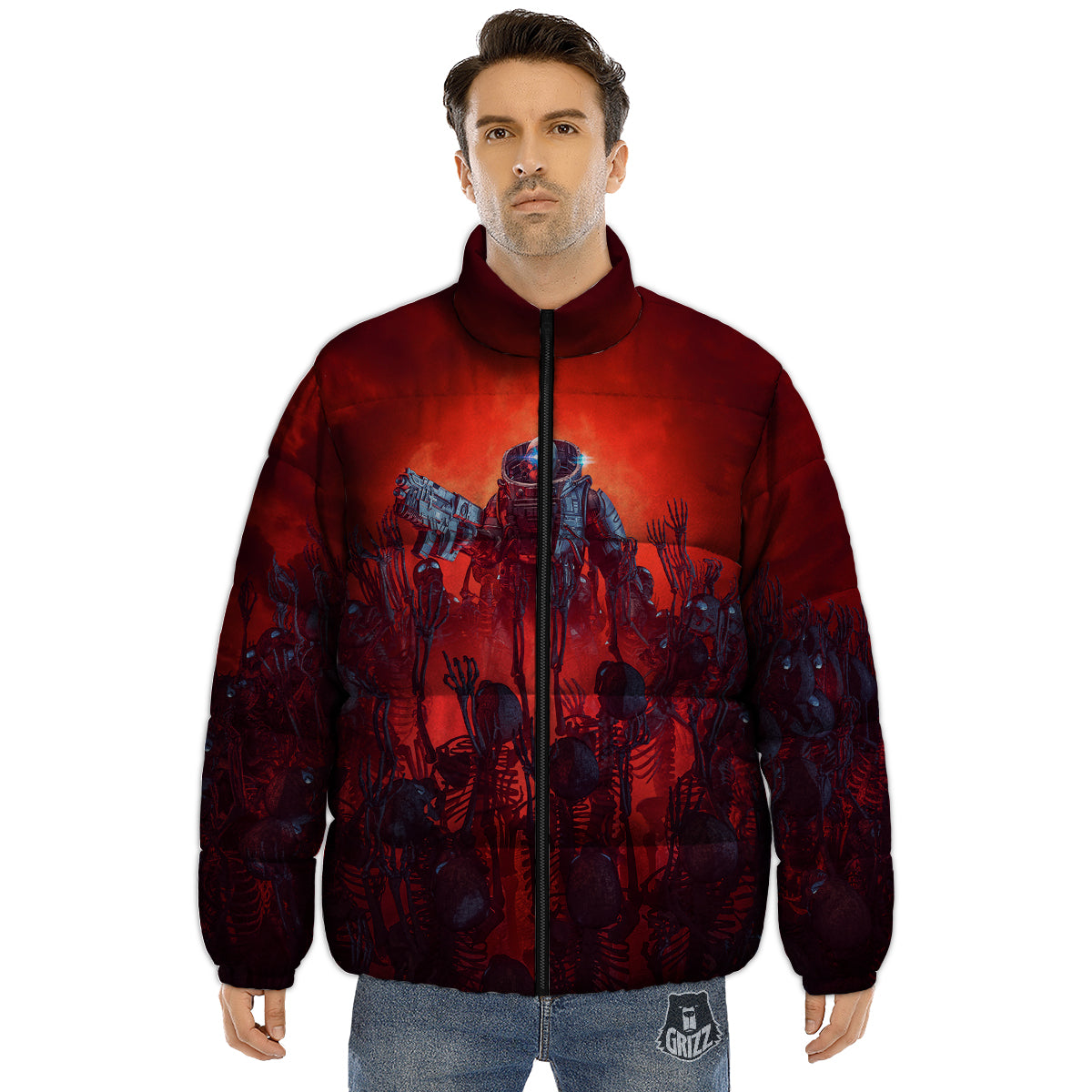 Red Robot And Skeleton Troop Print Puffer Jacket-grizzshop