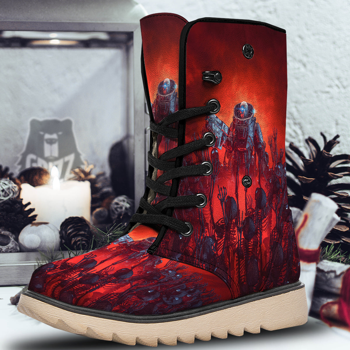 Red Robot And Skeleton Troop Print Snow Boots-grizzshop