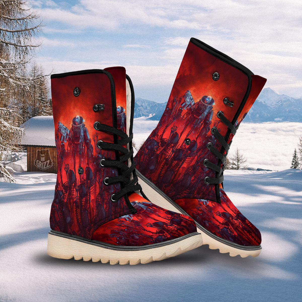Red Robot And Skeleton Troop Print Snow Boots-grizzshop