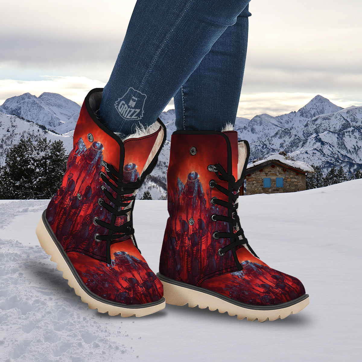 Red Robot And Skeleton Troop Print Snow Boots-grizzshop