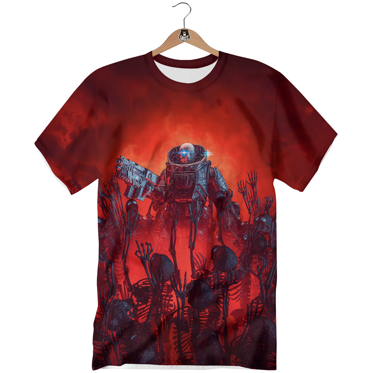 Red Robot And Skeleton Troop Print T-Shirt-grizzshop