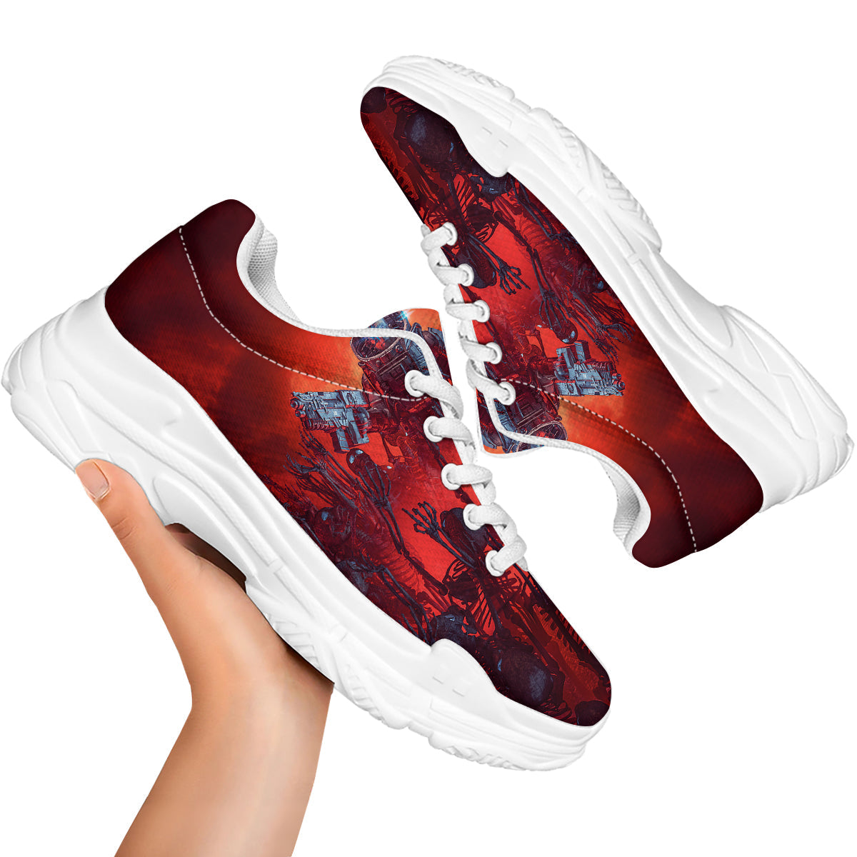 Red Robot And Skeleton Troop Print White Chunky Shoes-grizzshop