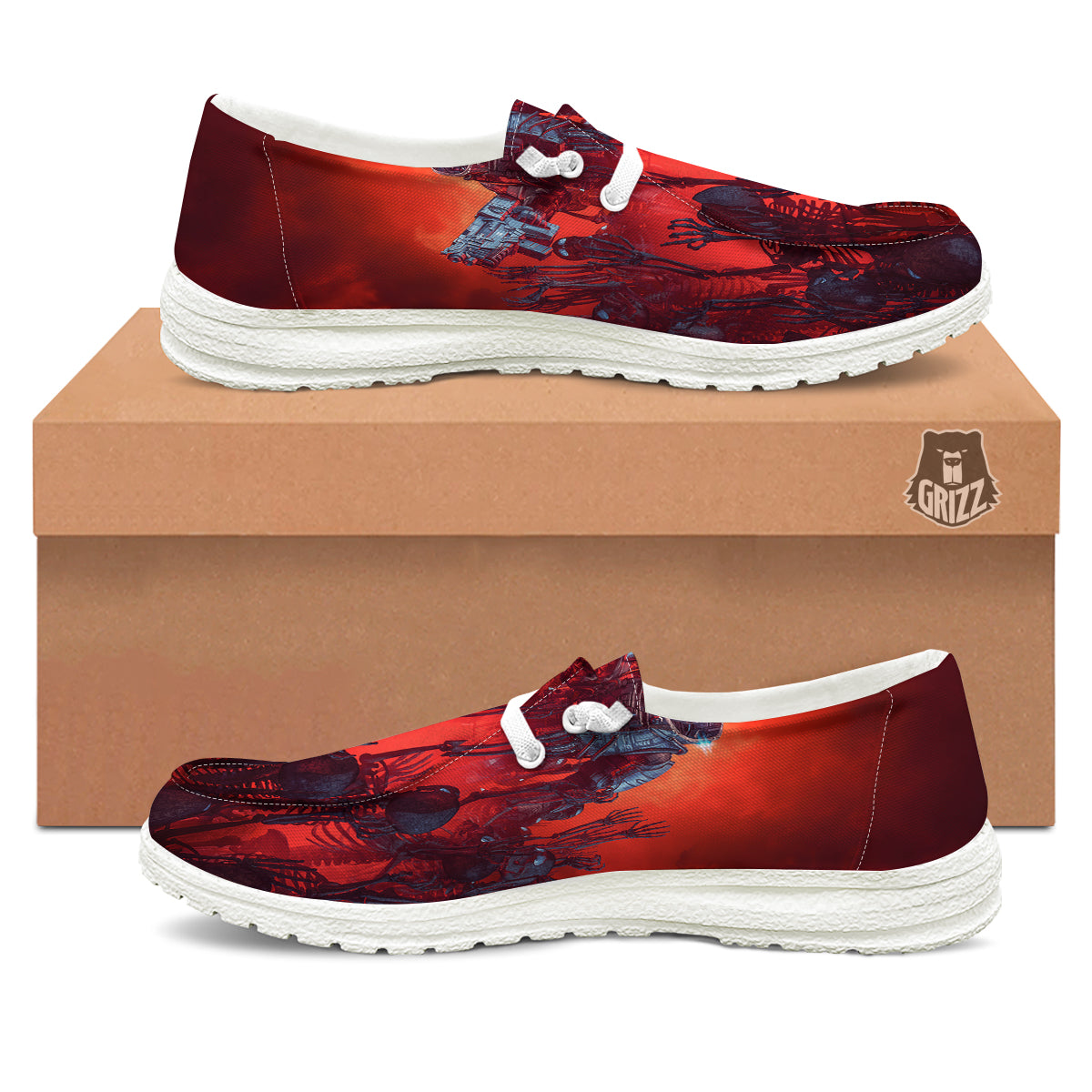 Red Robot And Skeleton Troop Print White Loafers-grizzshop