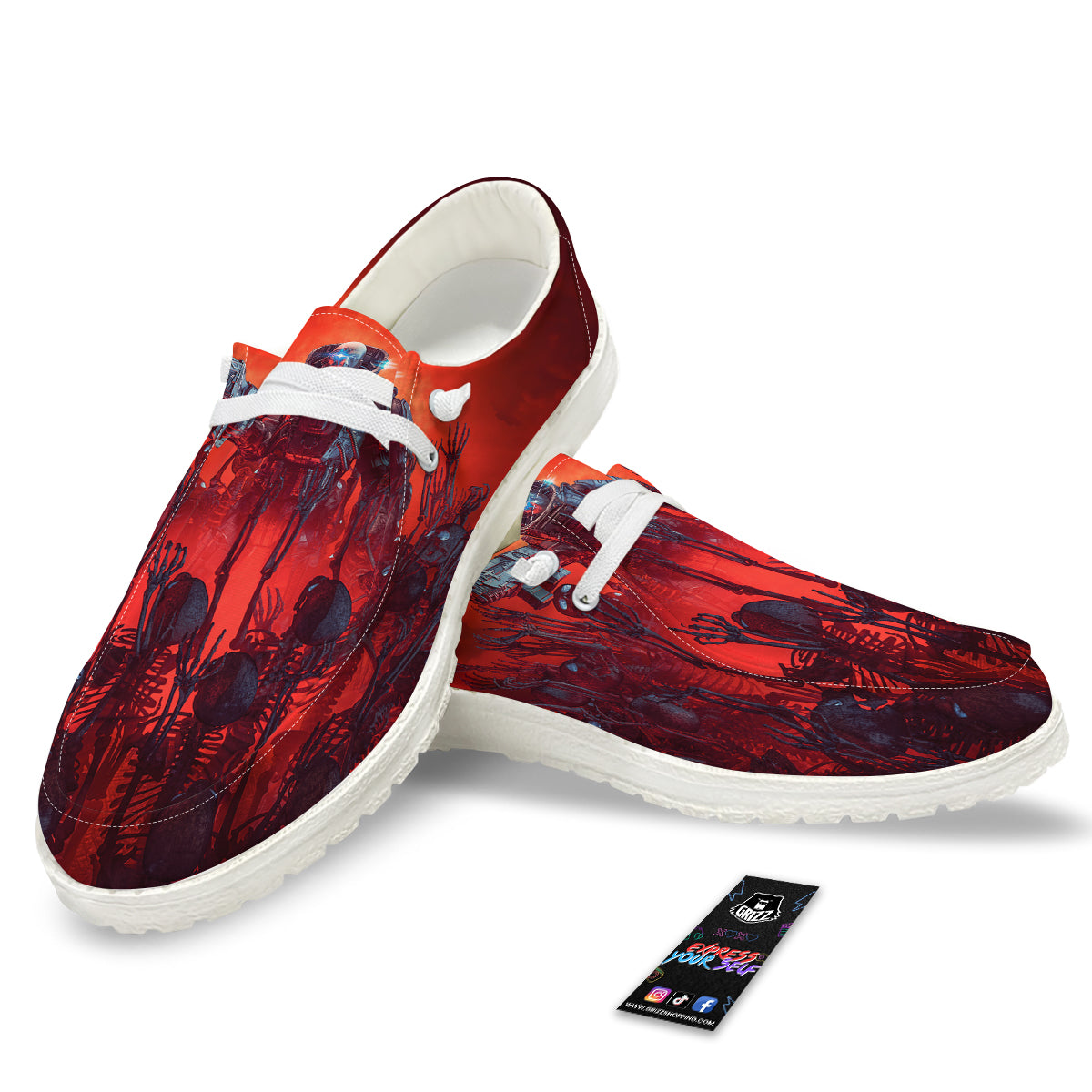 Red Robot And Skeleton Troop Print White Loafers-grizzshop