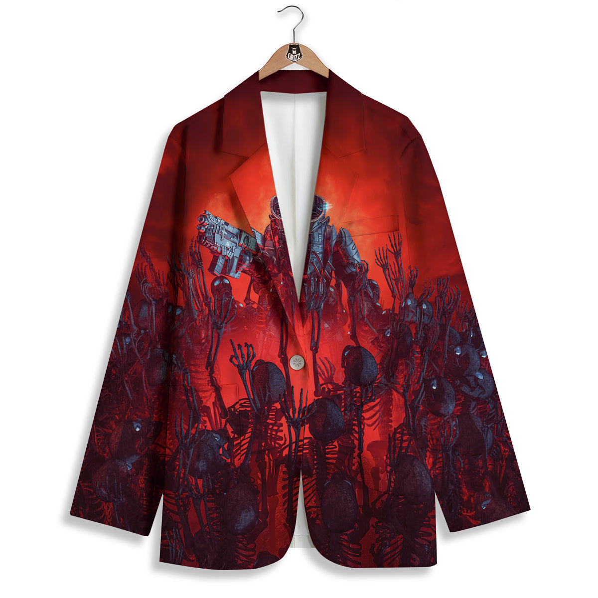 Red Robot And Skeleton Troop Print Women's Blazer-grizzshop