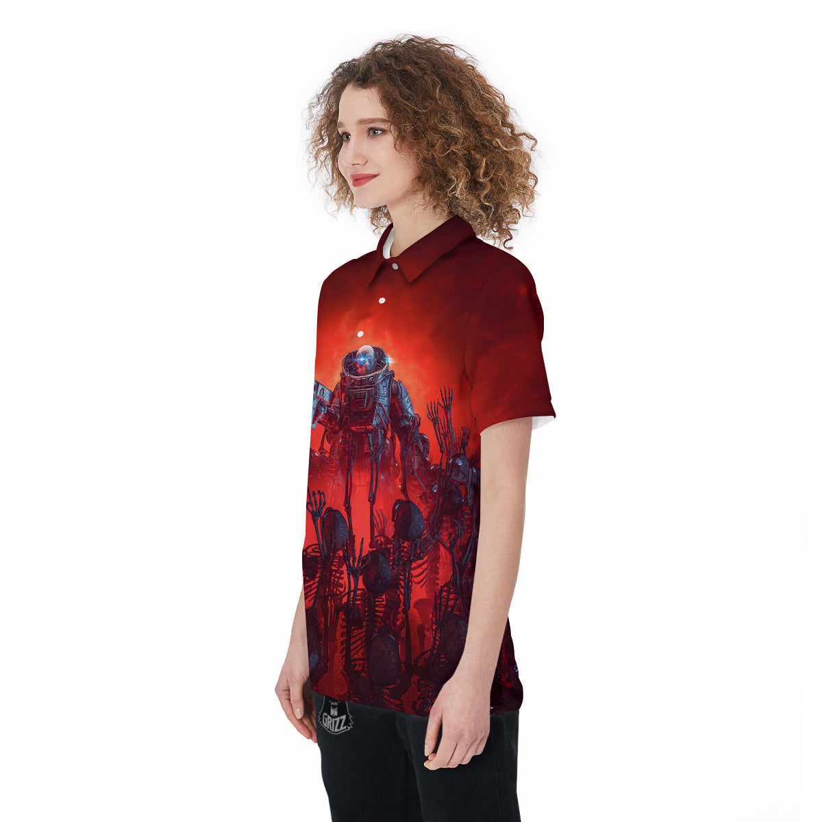 Red Robot And Skeleton Troop Print Women's Golf Shirts-grizzshop