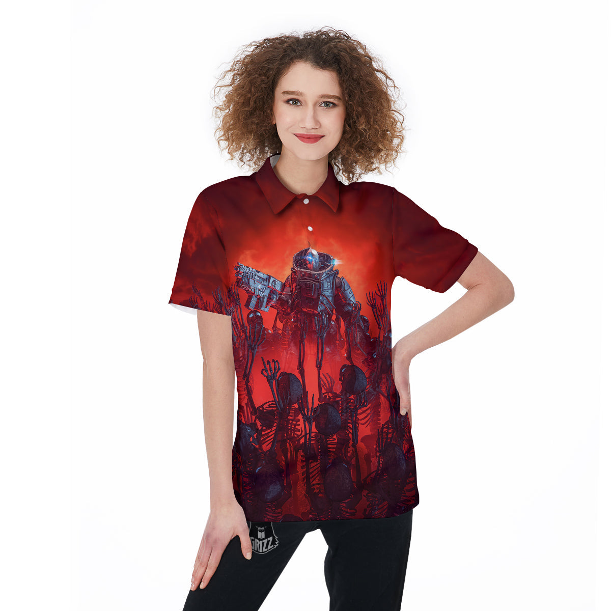 Red Robot And Skeleton Troop Print Women's Golf Shirts-grizzshop
