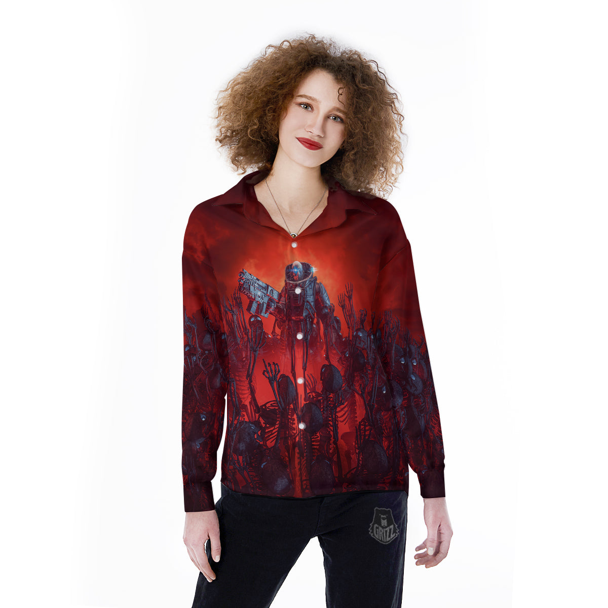 Red Robot And Skeleton Troop Print Women's Long Sleeve Shirts-grizzshop