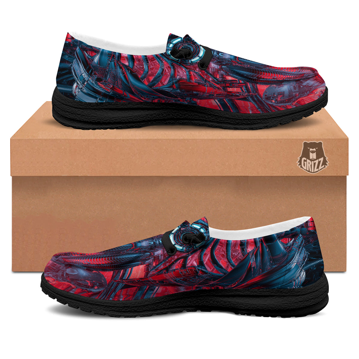 Red Robot Cyberpunk Print Black Loafers-grizzshop