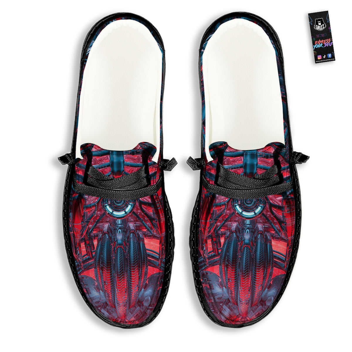 Red Robot Cyberpunk Print Black Loafers-grizzshop