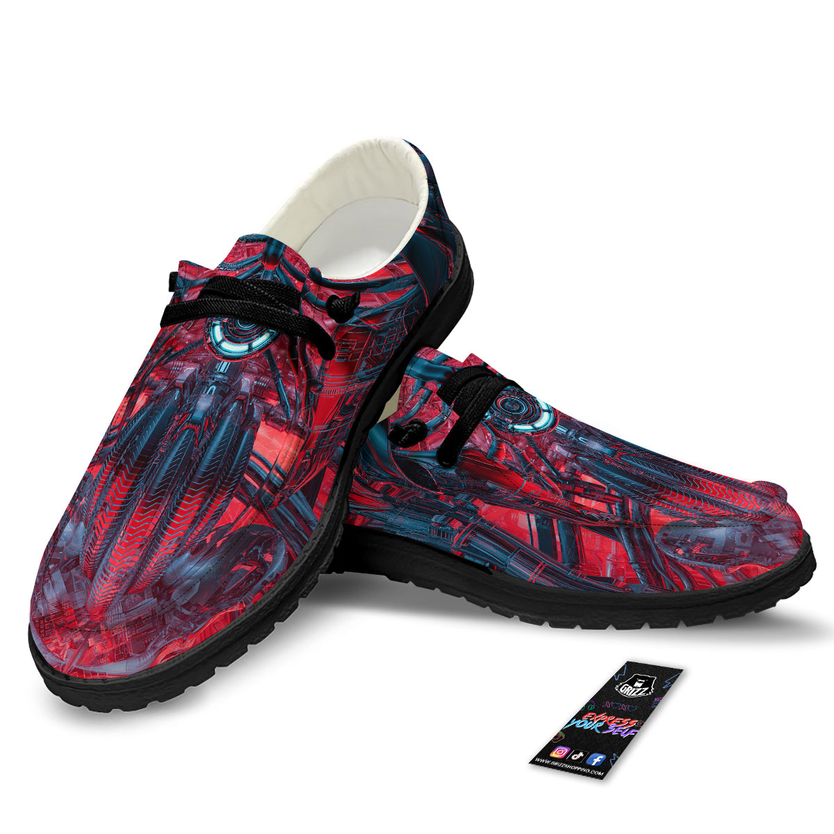 Red Robot Cyberpunk Print Black Loafers-grizzshop