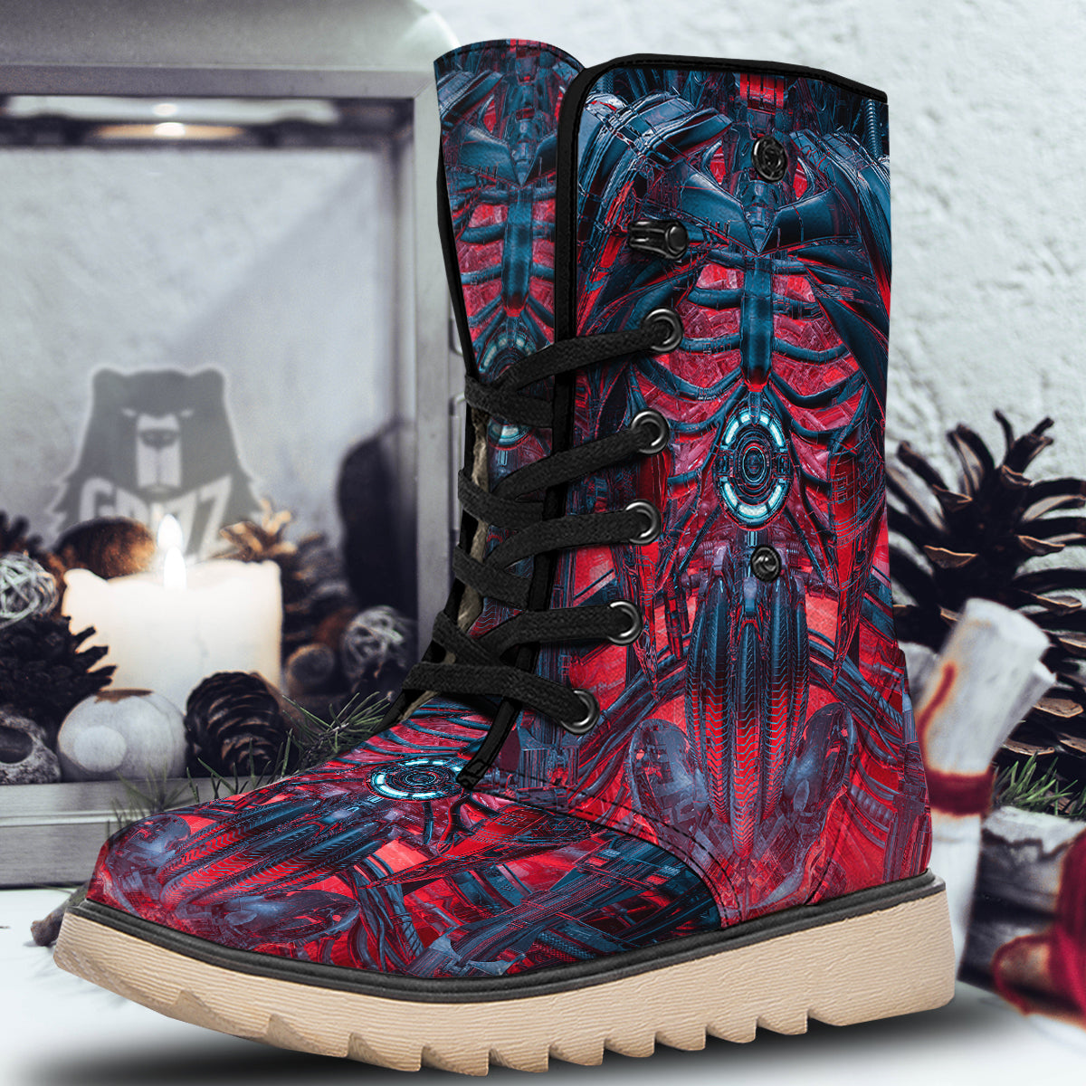 Red Robot Cyberpunk Print Snow Boots-grizzshop