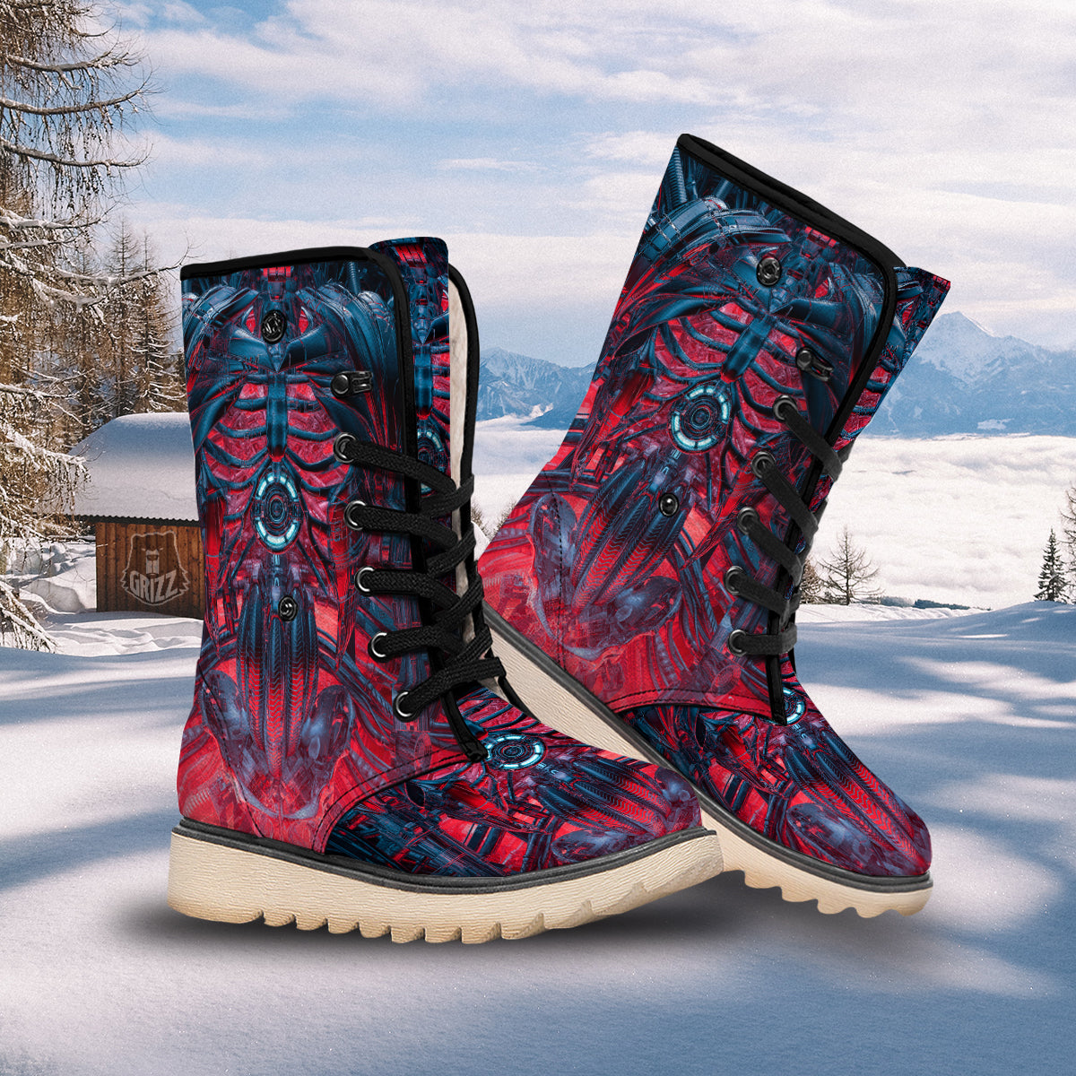 Red Robot Cyberpunk Print Snow Boots-grizzshop