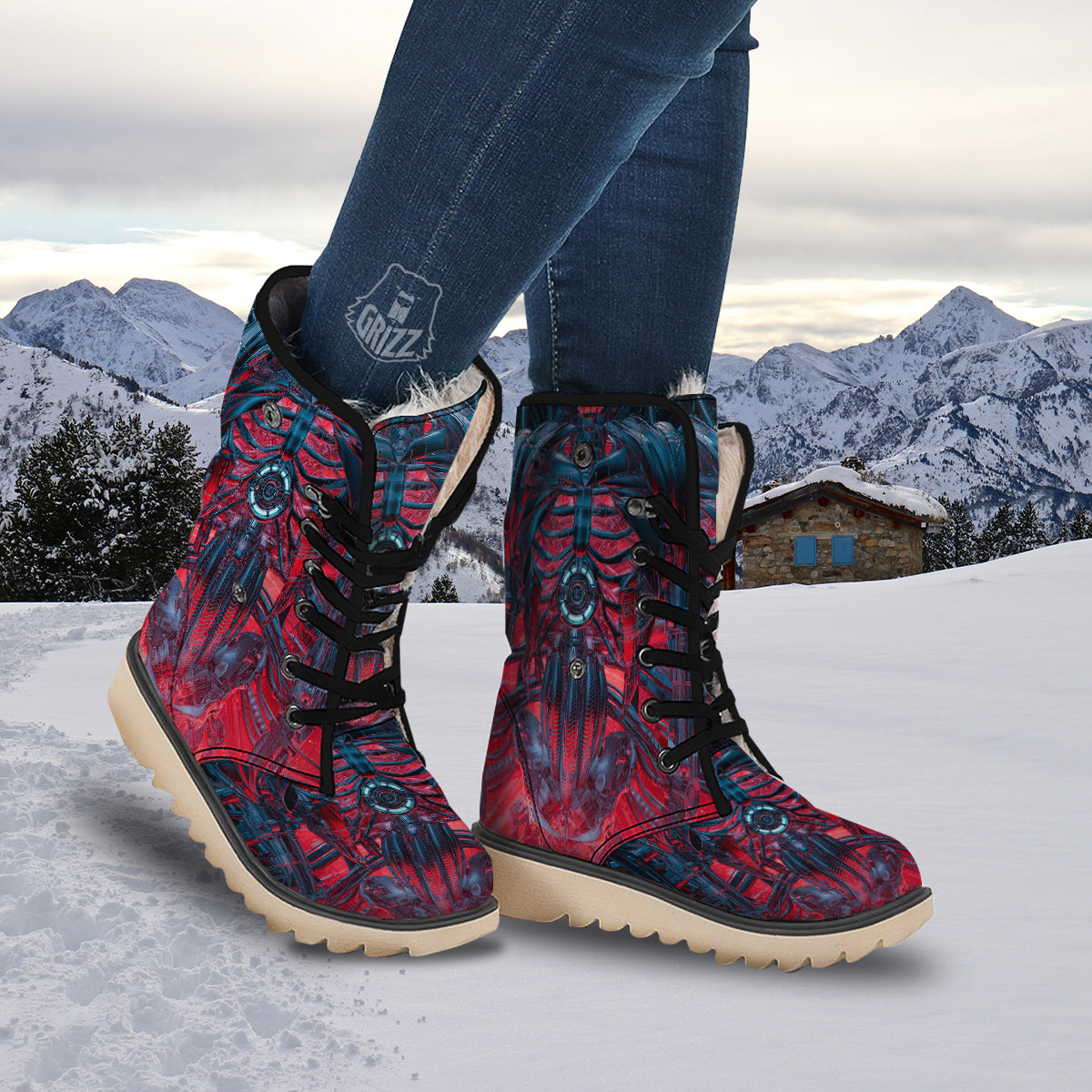 Red Robot Cyberpunk Print Snow Boots-grizzshop