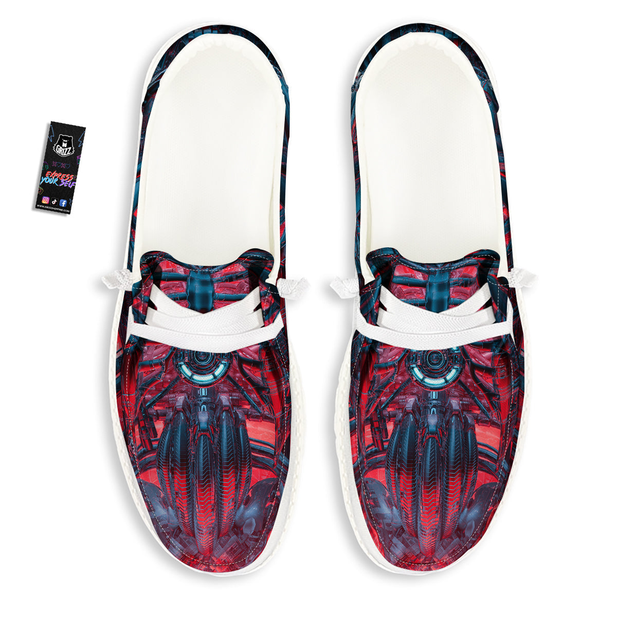 Red Robot Cyberpunk Print White Loafers-grizzshop