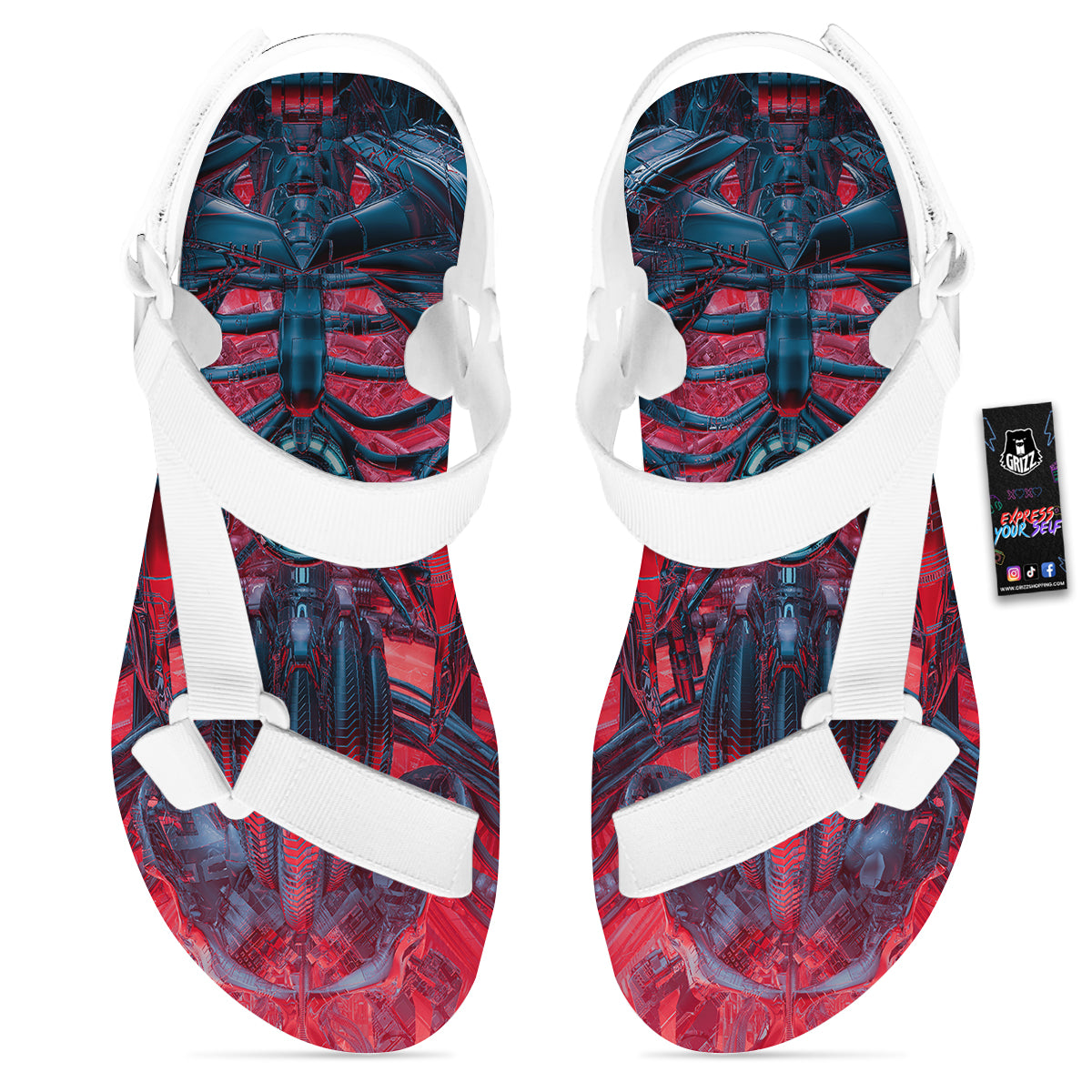 Red Robot Cyberpunk Print White Open Toe Sandals-grizzshop