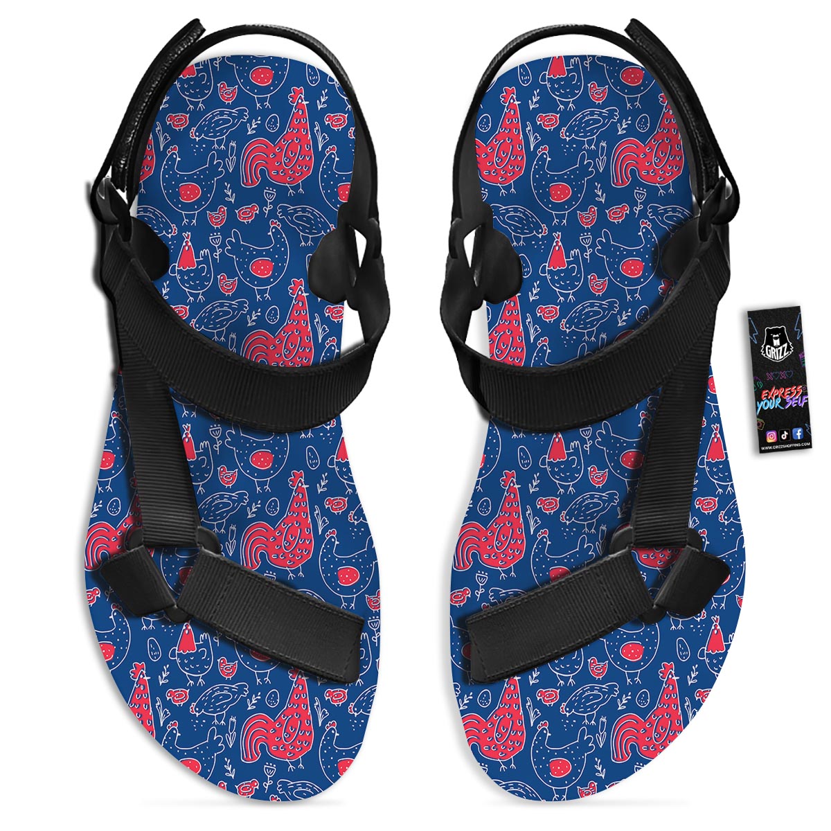 Red Rooster Blue Print Pattern Black Open Toe Sandals-grizzshop