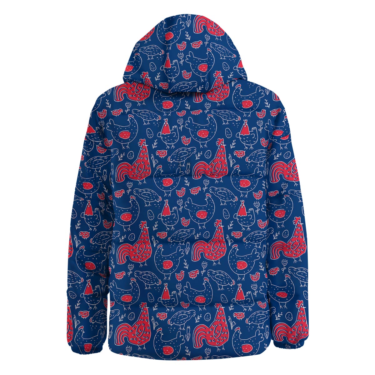 Red Rooster Blue Print Pattern Down Jacket-grizzshop
