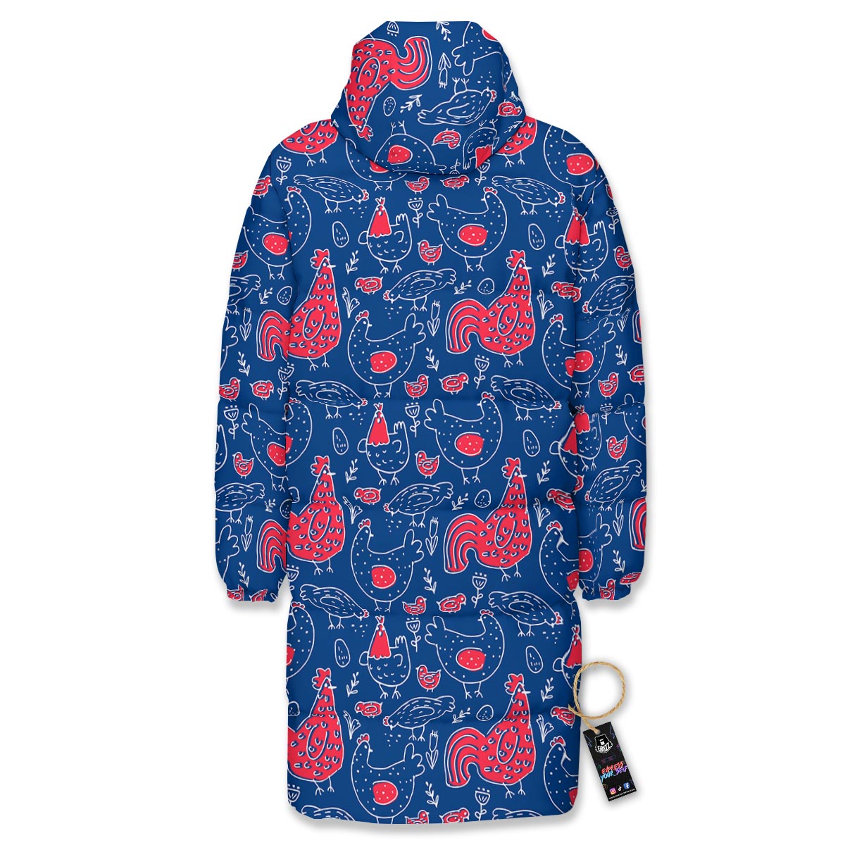 Red Rooster Blue Print Pattern Long Down Jacket-grizzshop