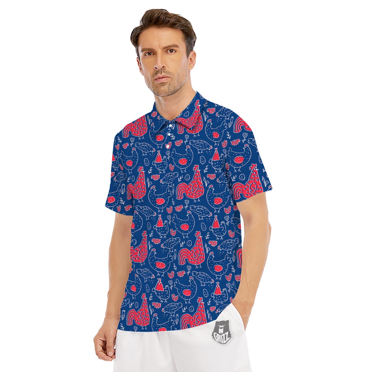 Red Rooster Blue Print Pattern Men's Golf Shirts-grizzshop