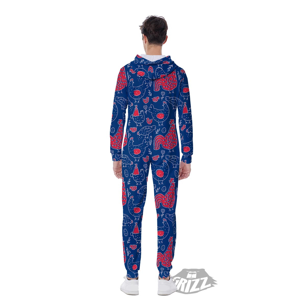 Red Rooster Blue Print Pattern Men's Jumpsuit-grizzshop