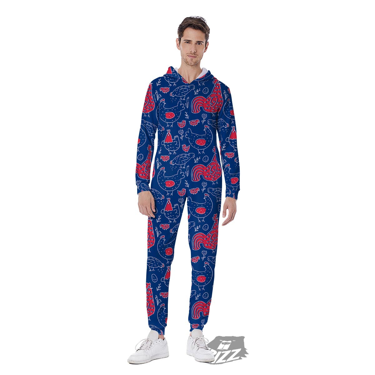 Red Rooster Blue Print Pattern Men's Jumpsuit-grizzshop