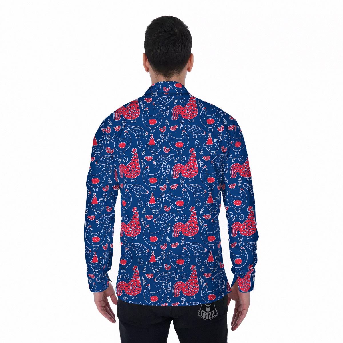 Red Rooster Blue Print Pattern Men's Long Sleeve Shirts-grizzshop