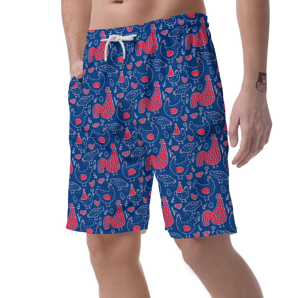Red Rooster Blue Print Pattern Men's Shorts-grizzshop