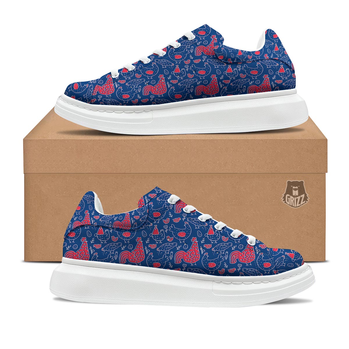 Red Rooster Blue Print Pattern Platform Shoes-grizzshop