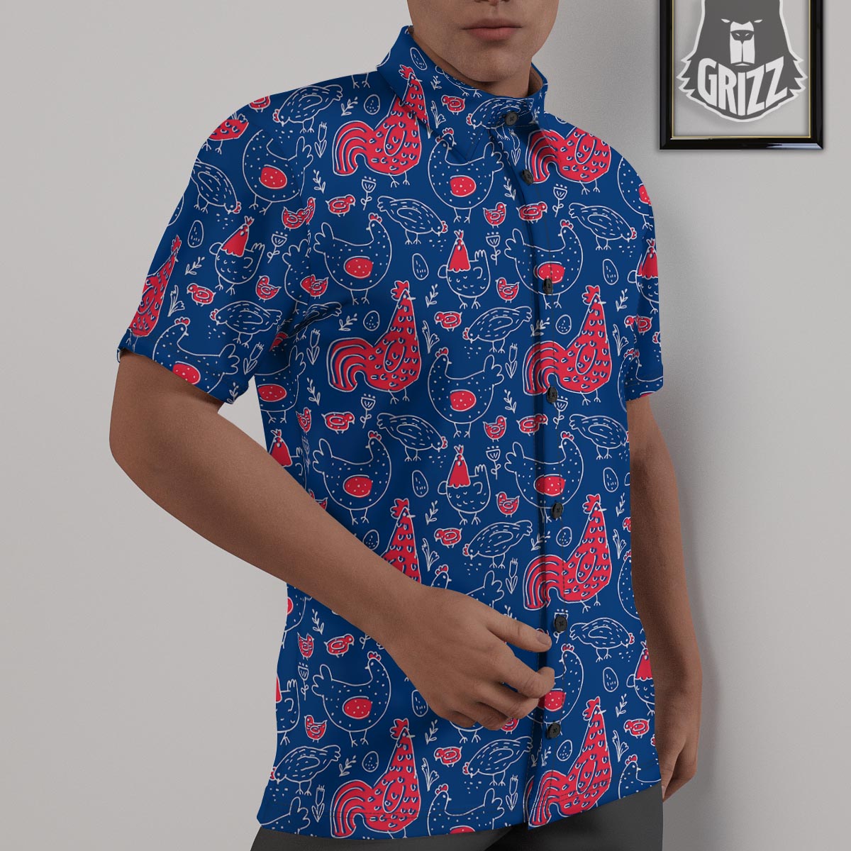 Red Rooster Blue Print Pattern Untucked Shirts-grizzshop