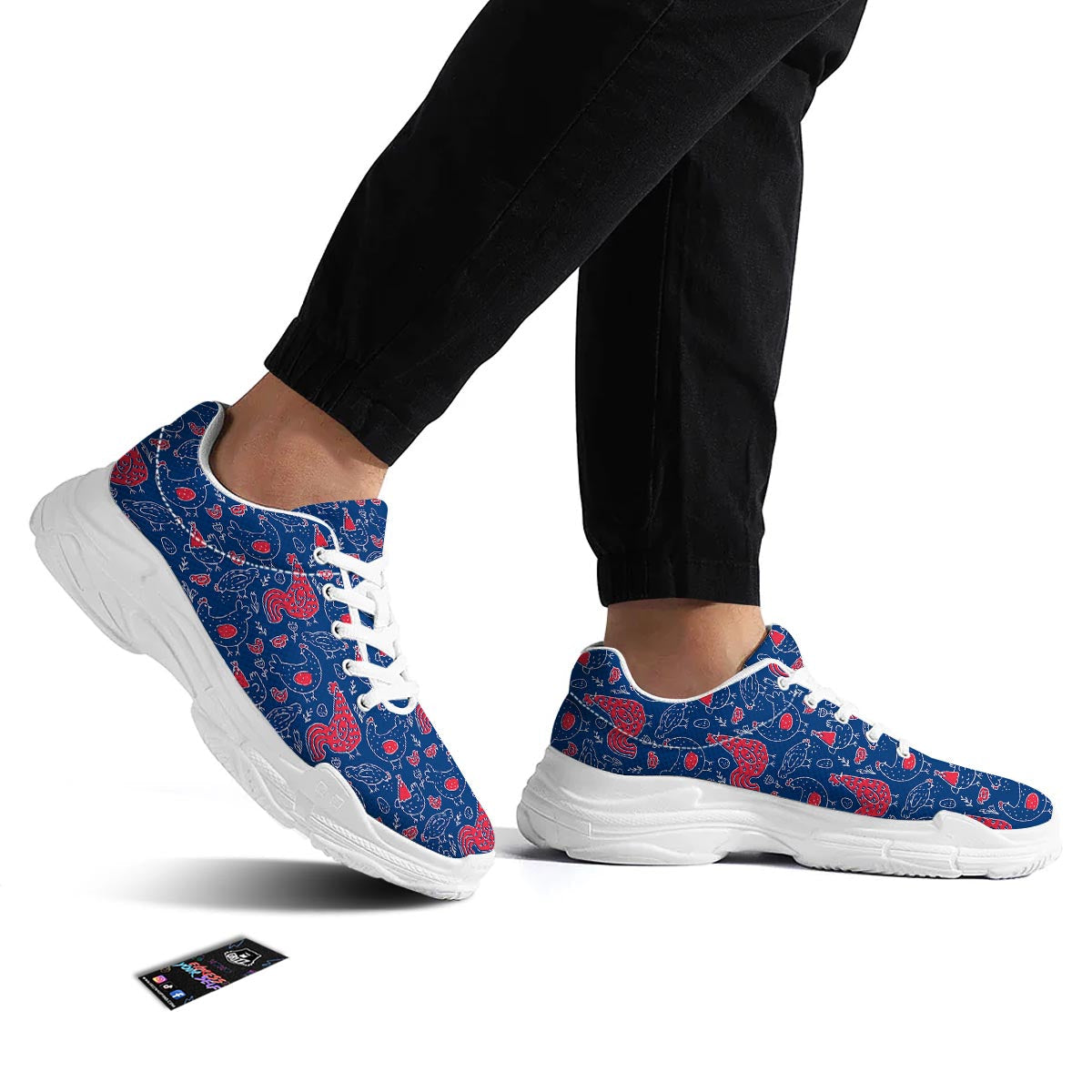 Red Rooster Blue Print Pattern White Chunky Shoes-grizzshop