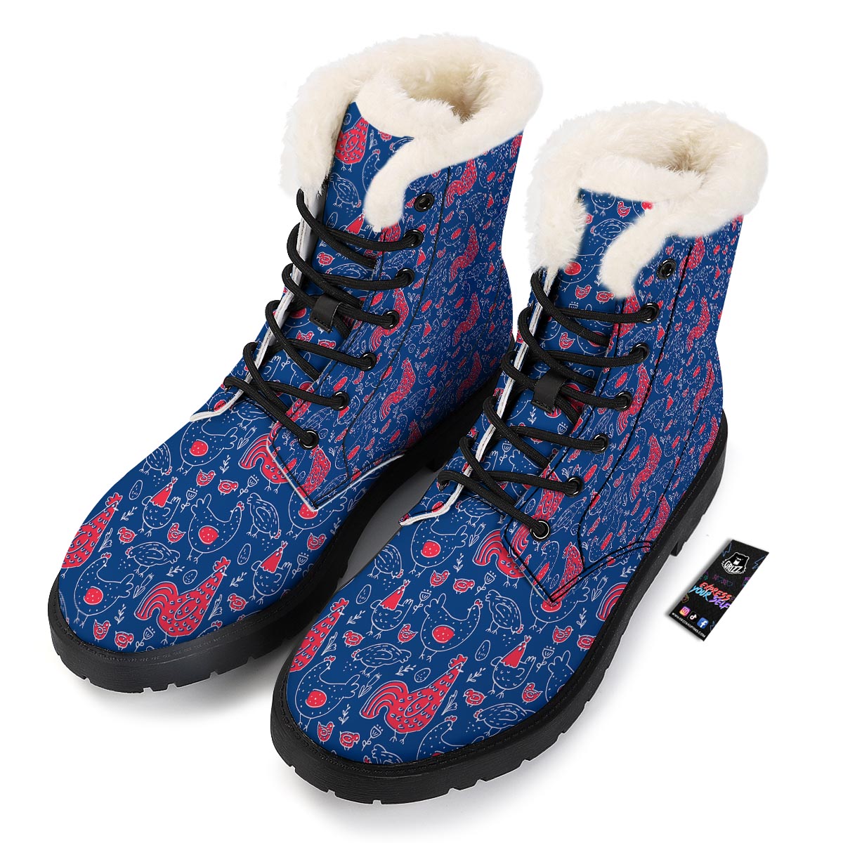 Red Rooster Blue Print Pattern Winter Boots-grizzshop