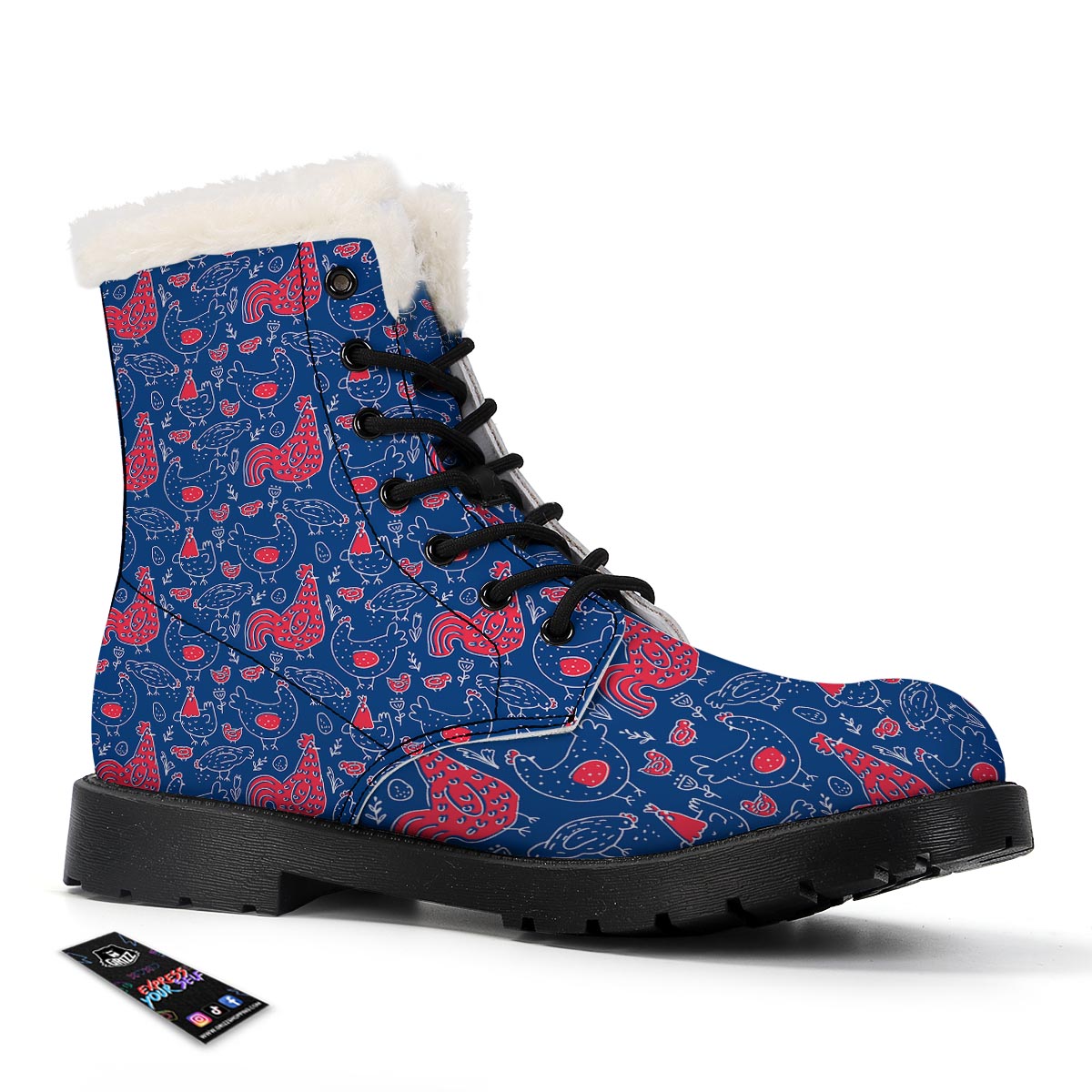 Red Rooster Blue Print Pattern Winter Boots-grizzshop