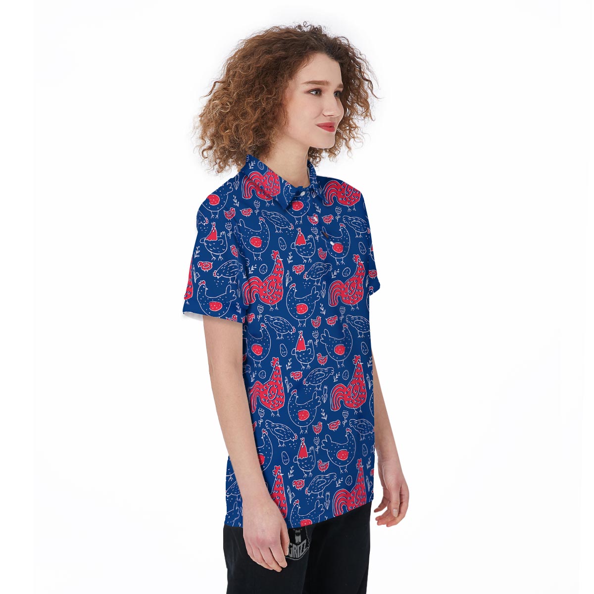 Red Rooster Blue Print Pattern Women's Golf Shirts-grizzshop