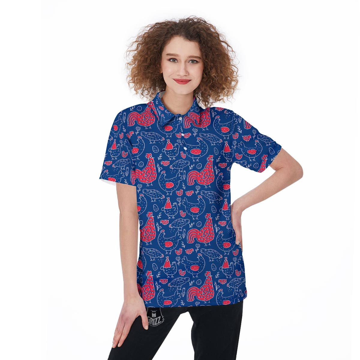 Red Rooster Blue Print Pattern Women's Golf Shirts-grizzshop