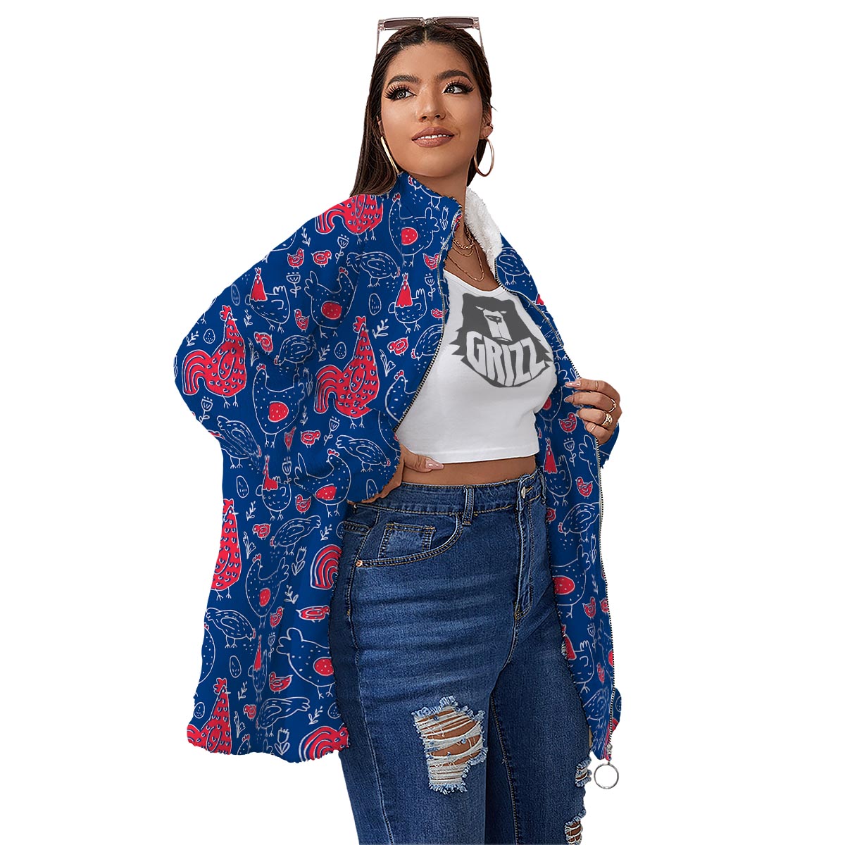 Red Rooster Blue Print Pattern Women's Sherpa Jacket-grizzshop