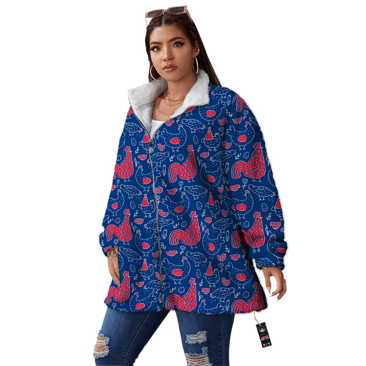 Red Rooster Blue Print Pattern Women's Sherpa Jacket-grizzshop