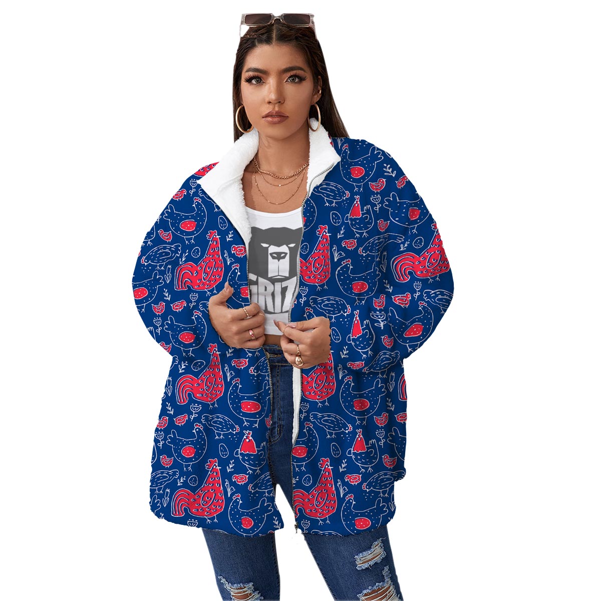 Red Rooster Blue Print Pattern Women's Sherpa Jacket-grizzshop