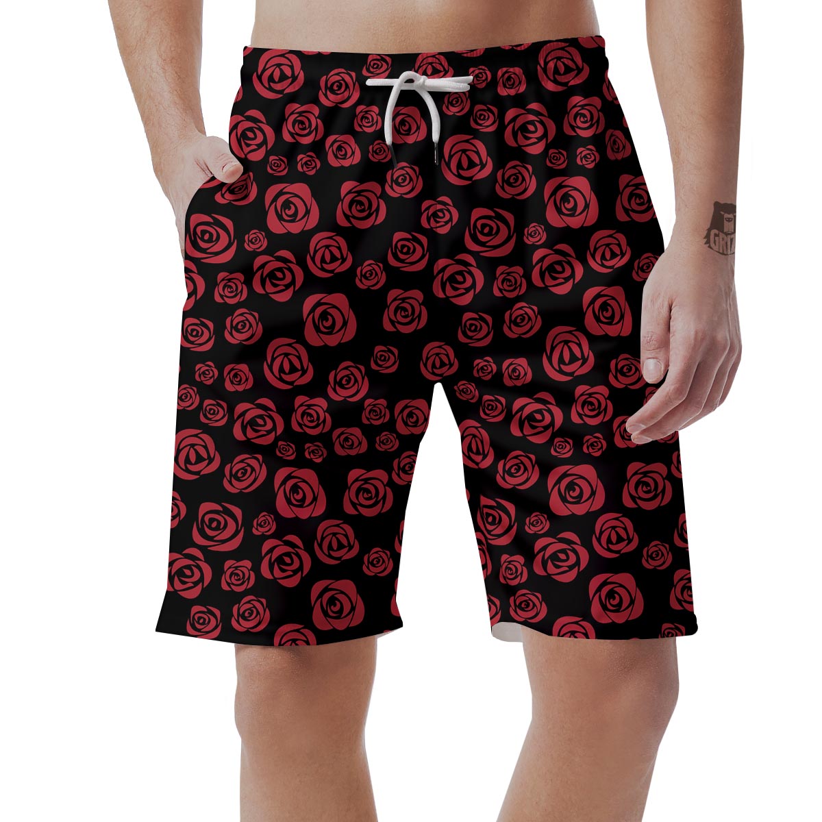 Red Rose Floral Doodle Men's Shorts-grizzshop