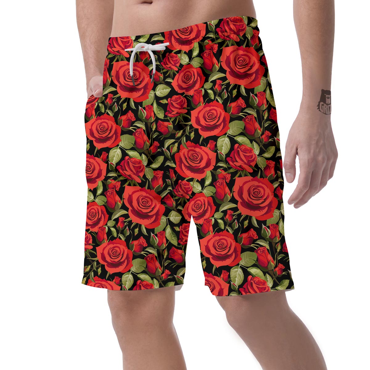 Red Rose Floral Men's Shorts-grizzshop