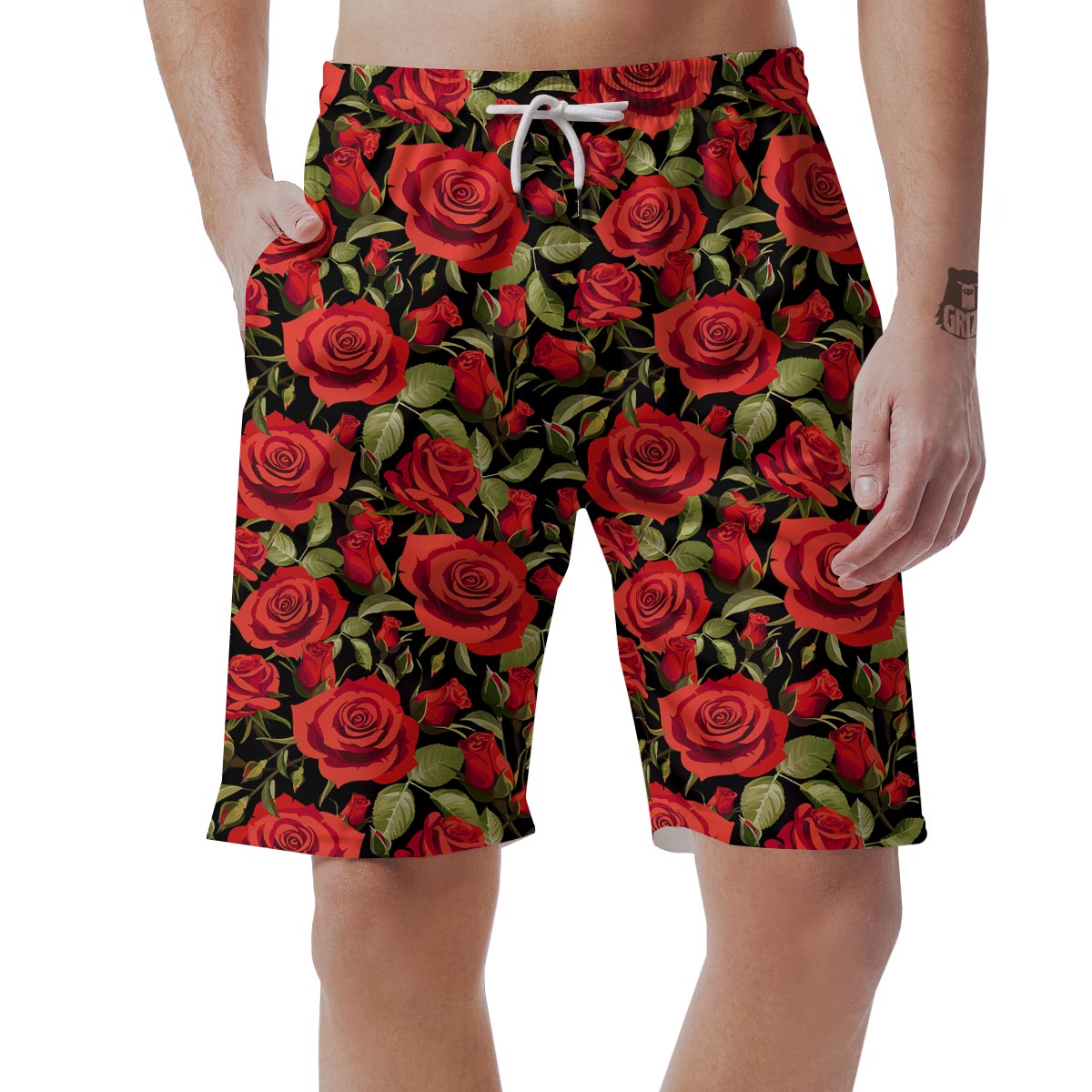 Red Rose Floral Men's Shorts-grizzshop
