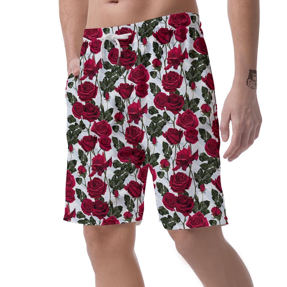 Red Rose Flower Print Men's Shorts-grizzshop