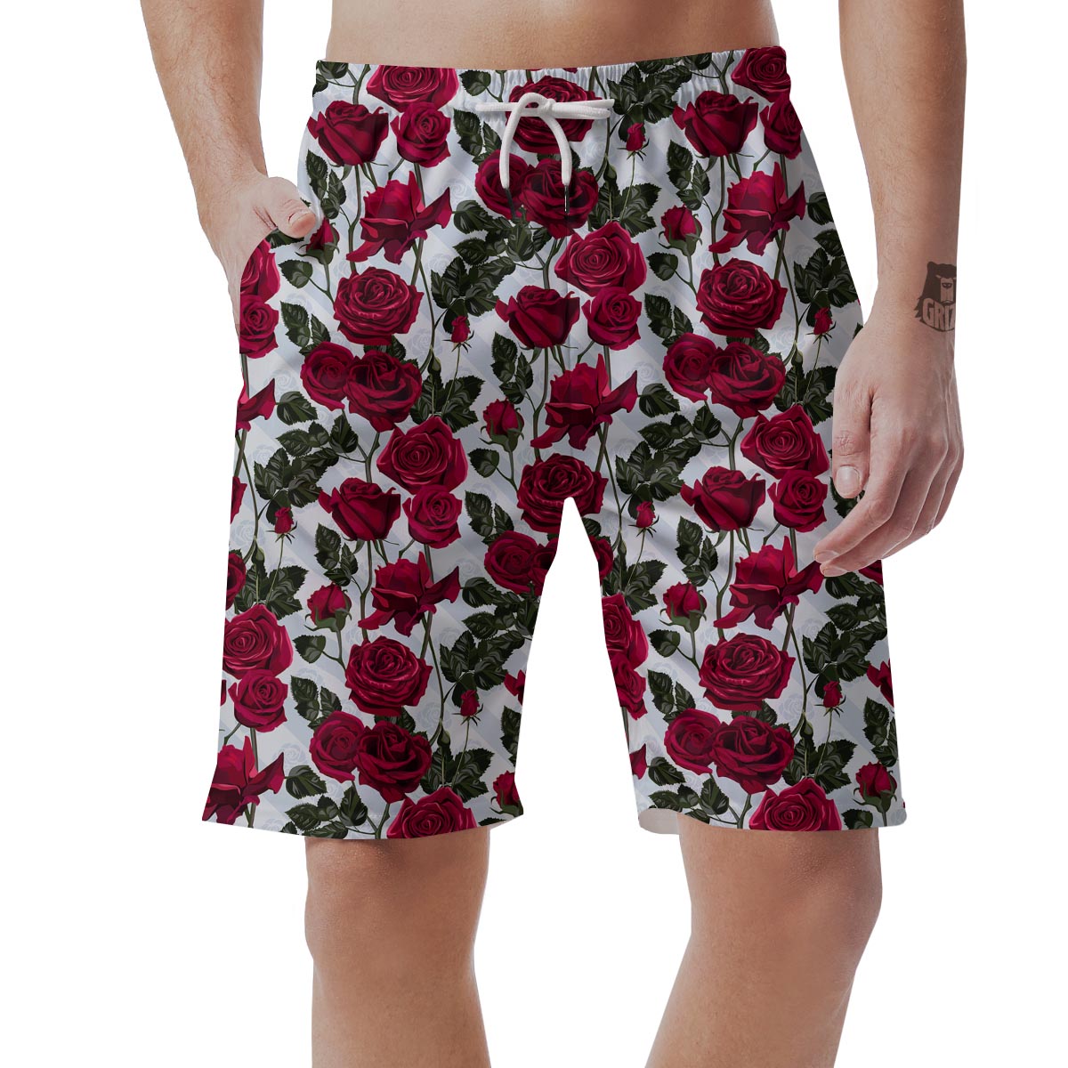 Red Rose Flower Print Men's Shorts-grizzshop