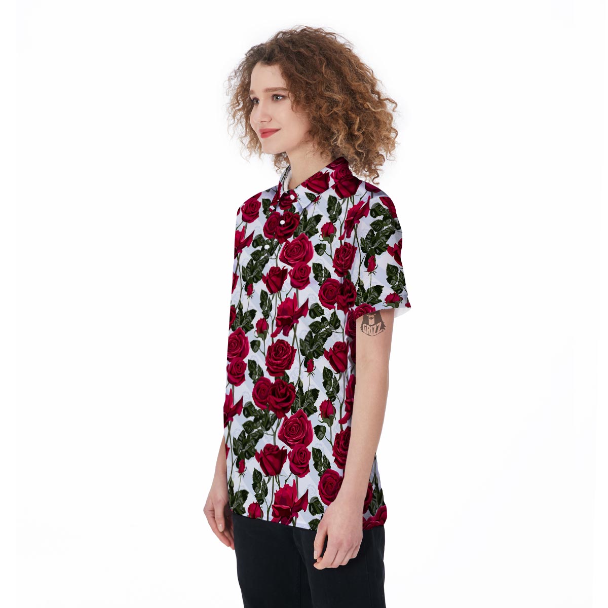 Red Rose Flower Print Women's Golf Shirts-grizzshop