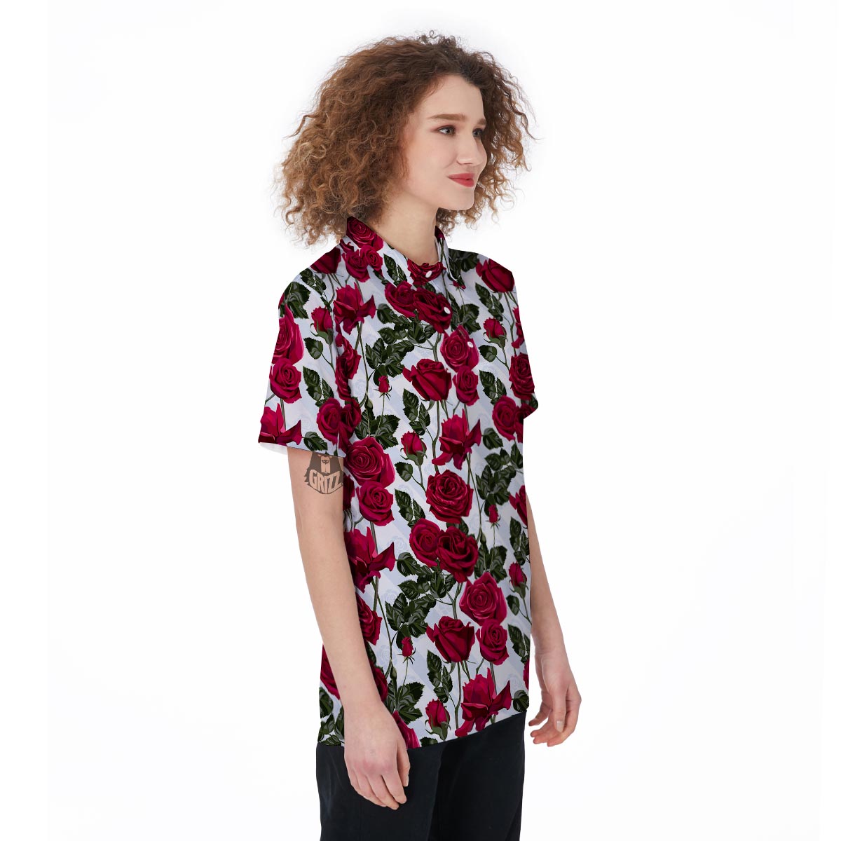 Red Rose Flower Print Women's Golf Shirts-grizzshop